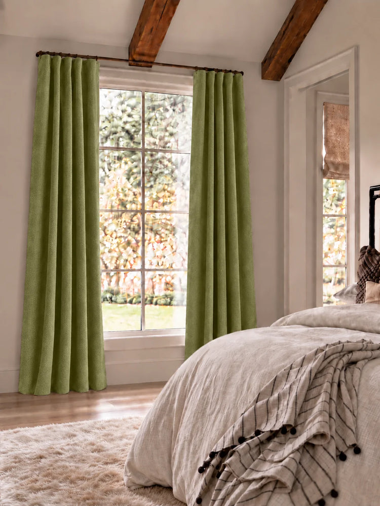 Herringbone 4 Layers Herringbone Chenille Soundproof Thermal 100% Blackout Custom Curtain in Moss Green, open curtains.