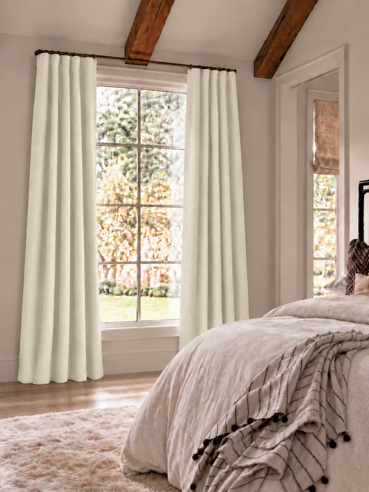 Herringbone 4 Layers Herringbone Chenille Soundproof Thermal 100% Blackout Custom Curtain in Pearl, open curtains.