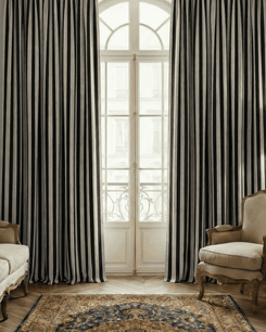 Liam 4-layer soundproof thermal striped linen blend custom curtains in black and white framing a tall arched window.