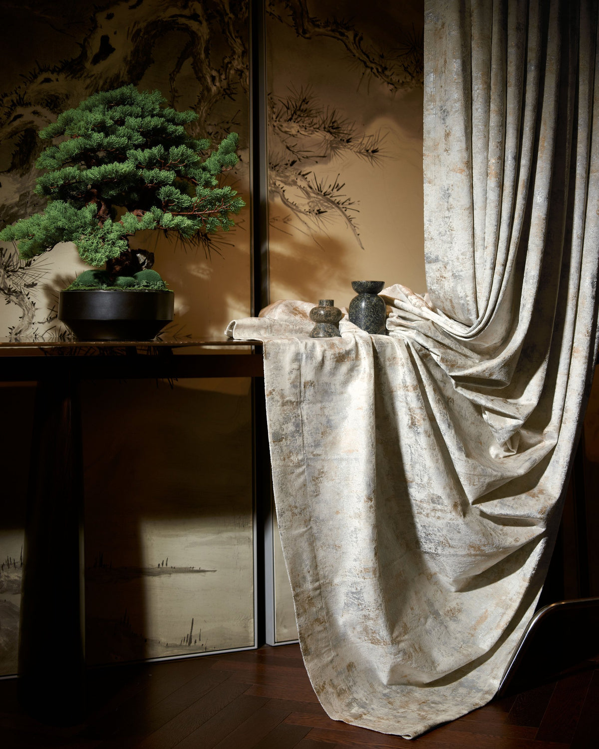 Luxe Impression Foil Printed Velvet custom curtain drapes gracefully, showcasing metallic distressed pattern, enhancing sophisticated home decor.