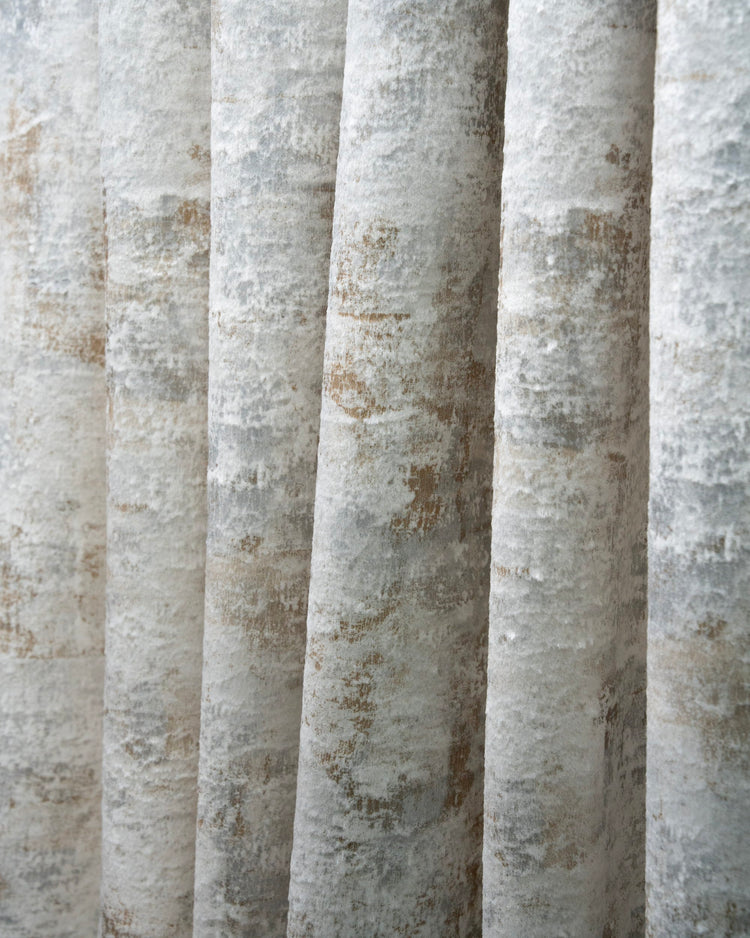 Detailed view of Impression Foil Printed Velvet Custom Curtain, highlighting its luxurious texture and abstract grey & metallic gold pattern.