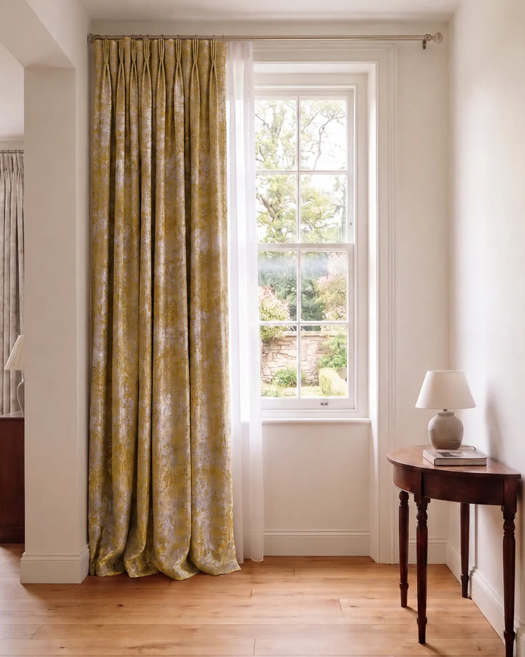 Impression Foil Printed Velvet Patterned Custom Curtain | Designed in Italy in Gold, curtain scene.