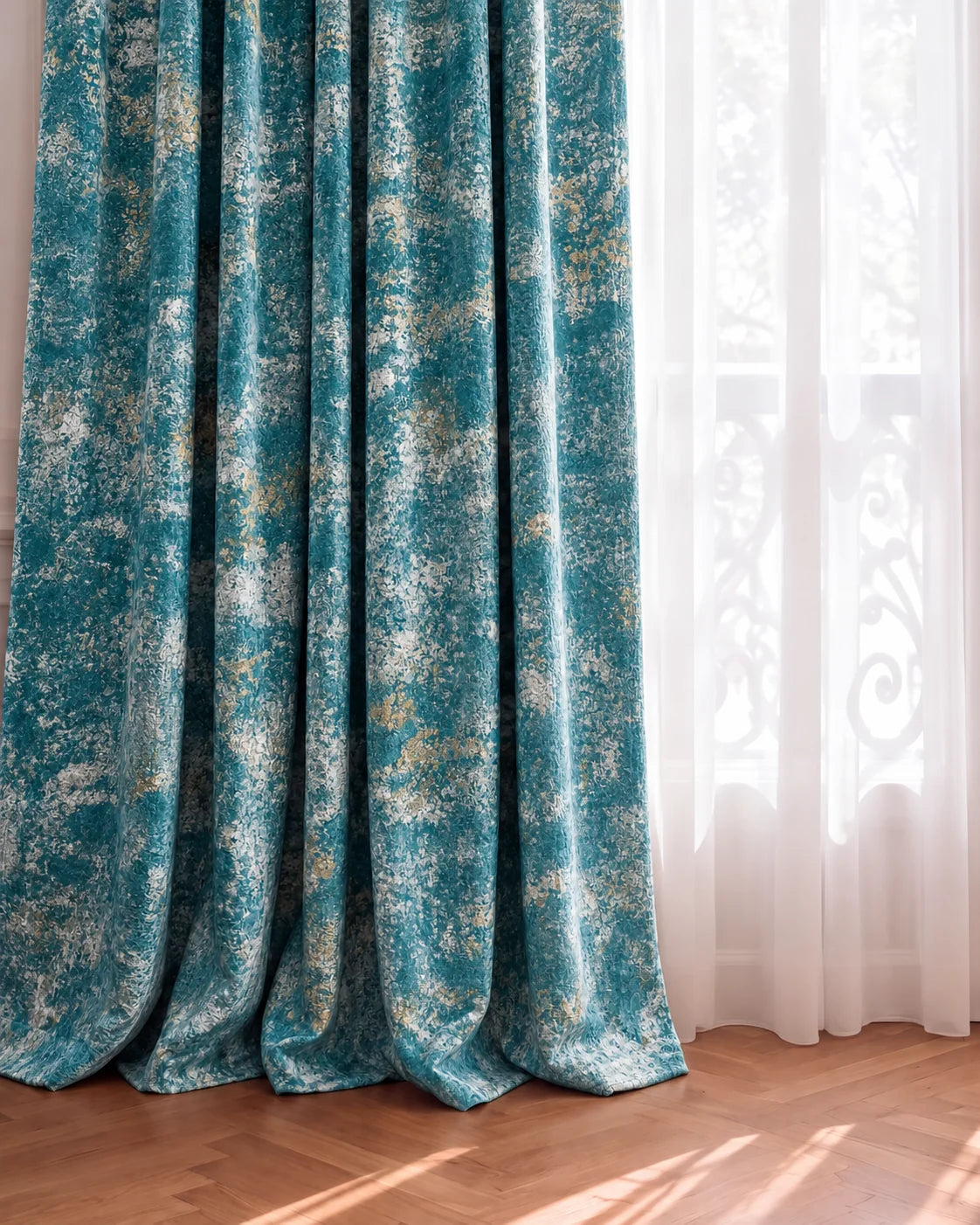 Impression Foil Printed Velvet Patterned Custom Curtain | Designed in Italy in Teal, curtain fabric detail.