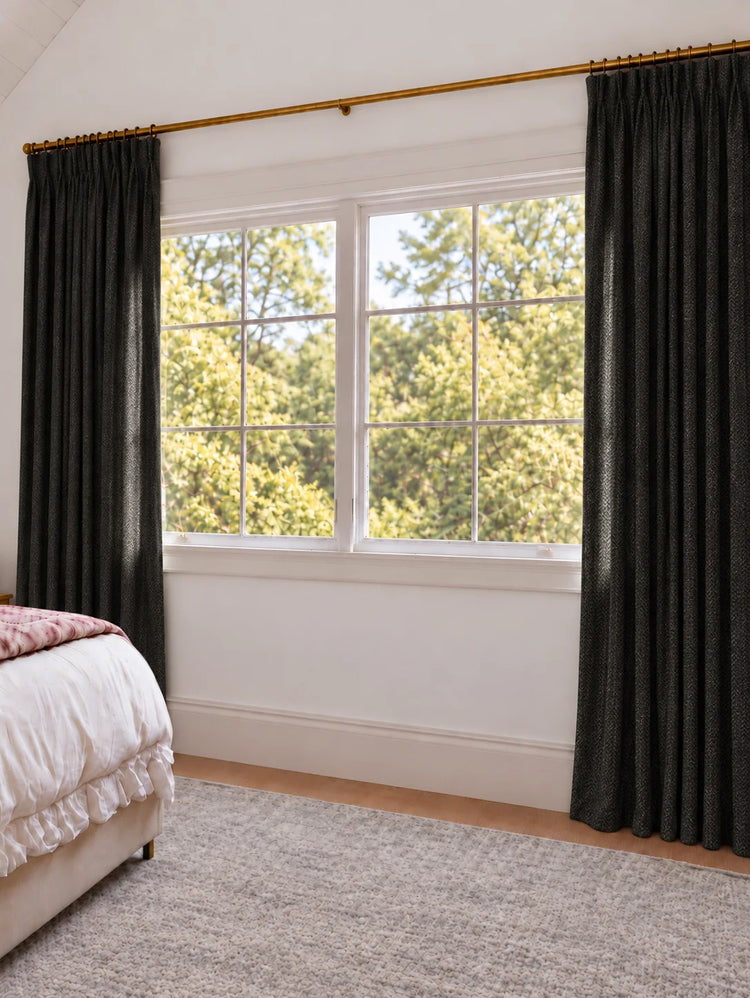 Ivy Linen Look Heavyweight Herringbone Textured Custom Curtain in Black, open curtains.