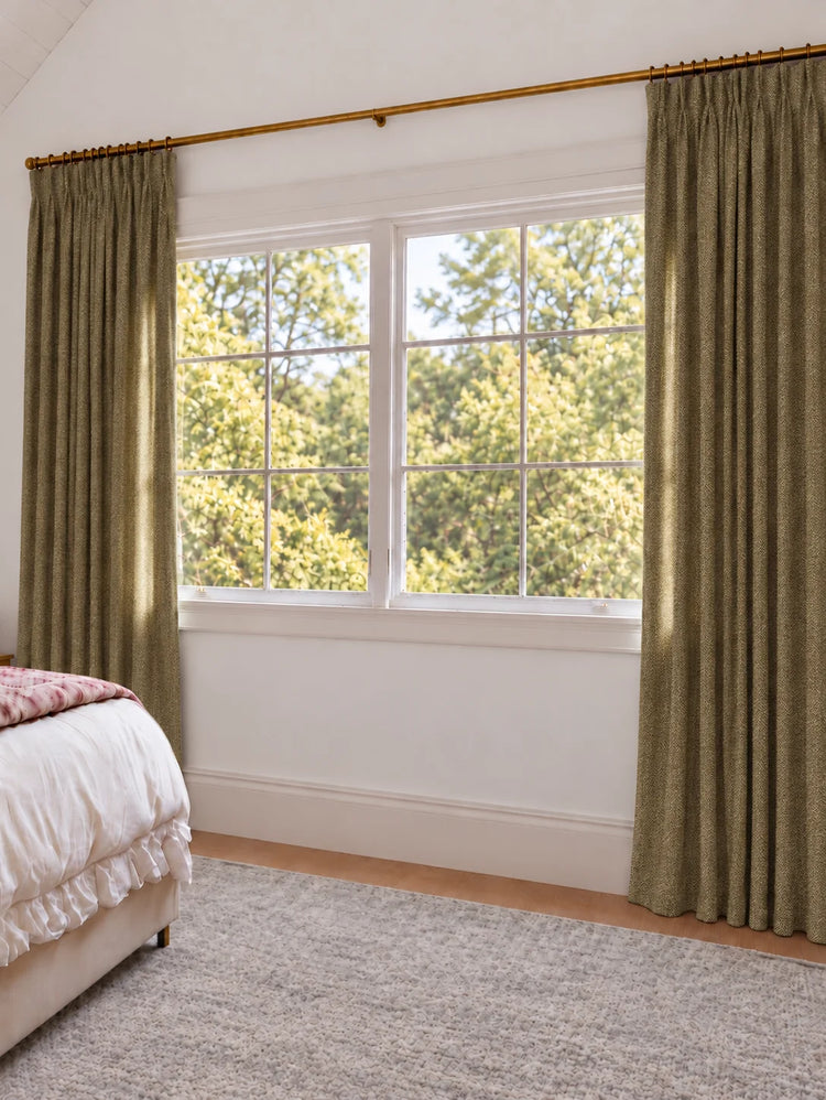 Ivy Linen Look Heavyweight Herringbone Textured Custom Curtain in Brown, open curtains.