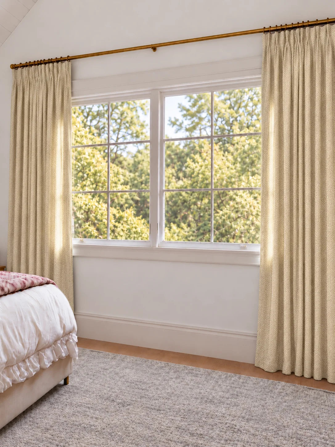 Ivy Linen Look Heavyweight Herringbone Textured Custom Curtain in Ivory, open curtains.