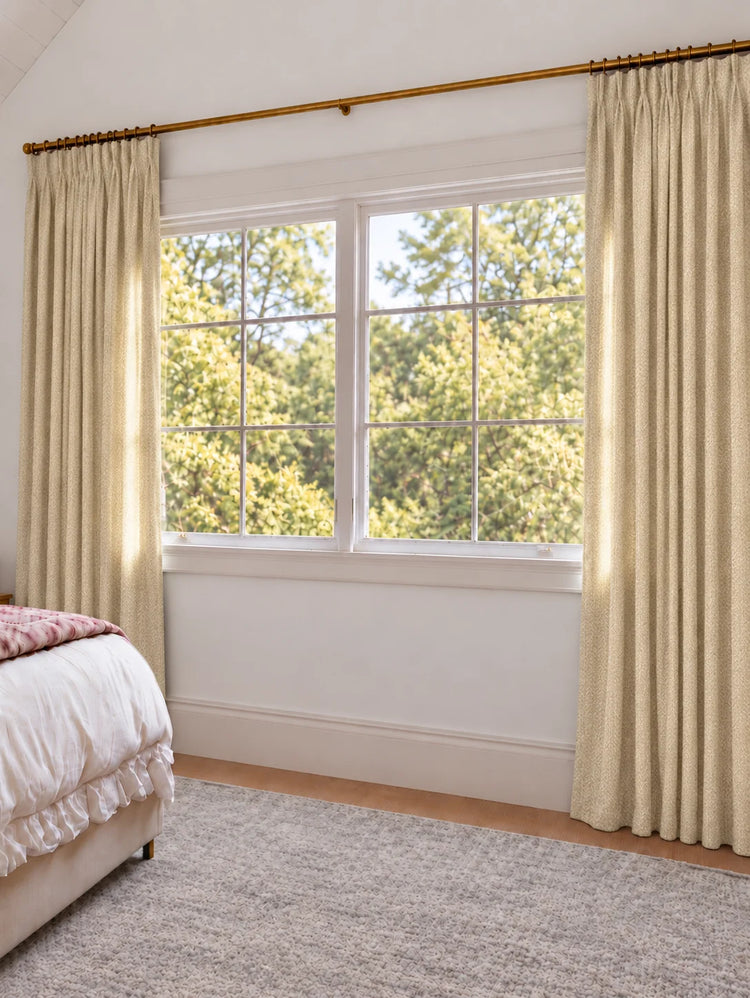 Ivy Linen Look Heavyweight Herringbone Textured Custom Curtain in Ivory, open curtains.