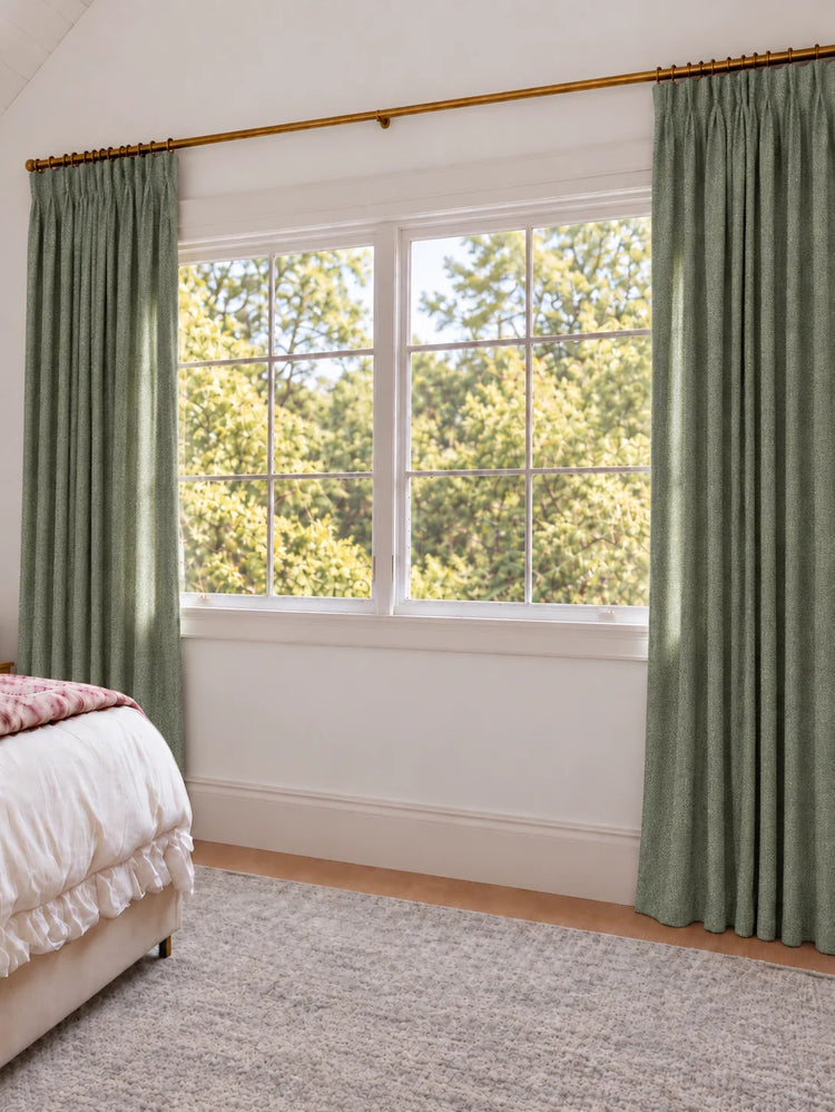 Ivy Linen Look Heavyweight Herringbone Textured Custom Curtain in Maldives, open curtains.