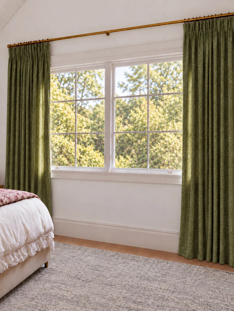 Ivy Linen Look Heavyweight Herringbone Textured Custom Curtain in Moss, open curtains.