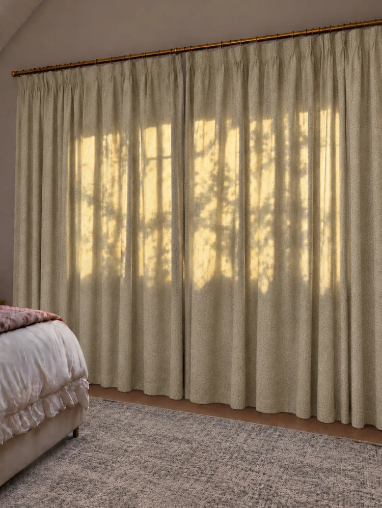 Ivy Linen Look Heavyweight Herringbone Textured Custom Curtain in Oatmeal, closed curtains.
