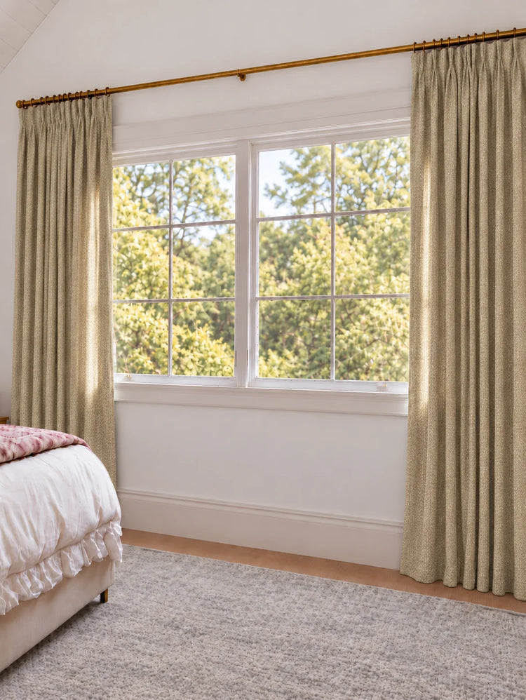 Ivy Linen Look Heavyweight Herringbone Textured Custom Curtain in Oatmeal, open curtains.