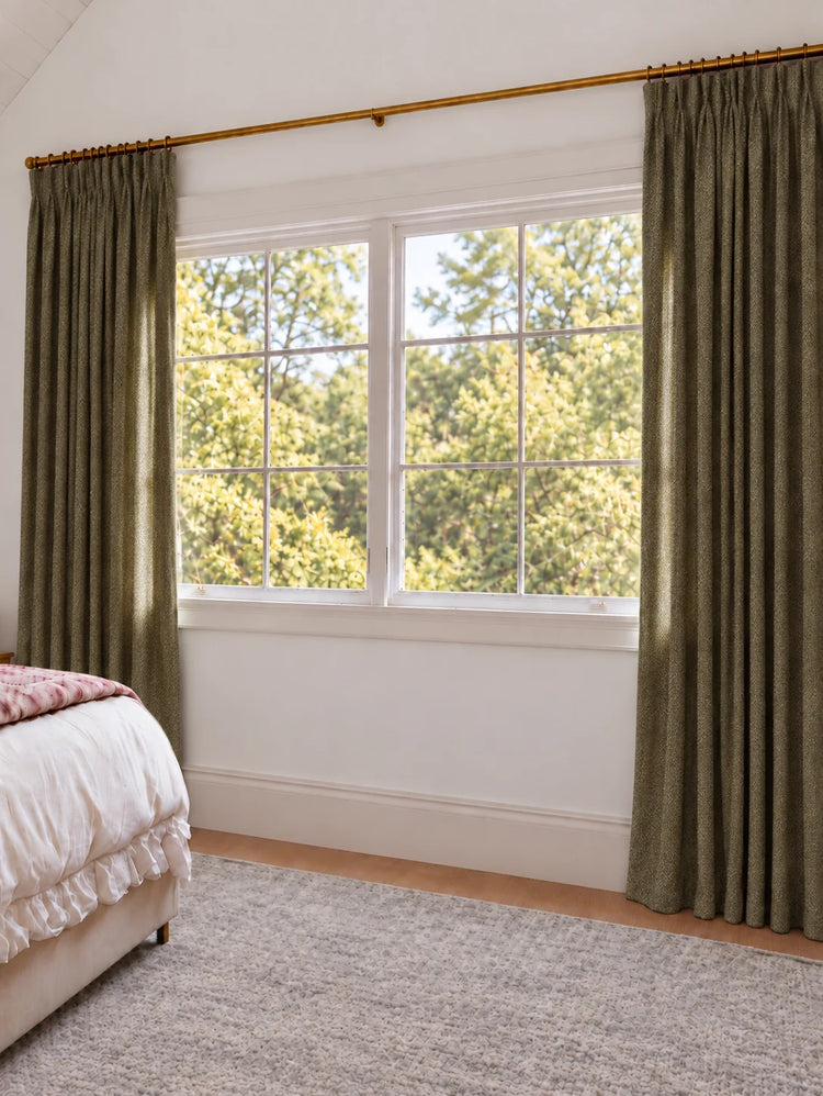 Ivy Linen Look Heavyweight Herringbone Textured Custom Curtain in Stone, open curtains.