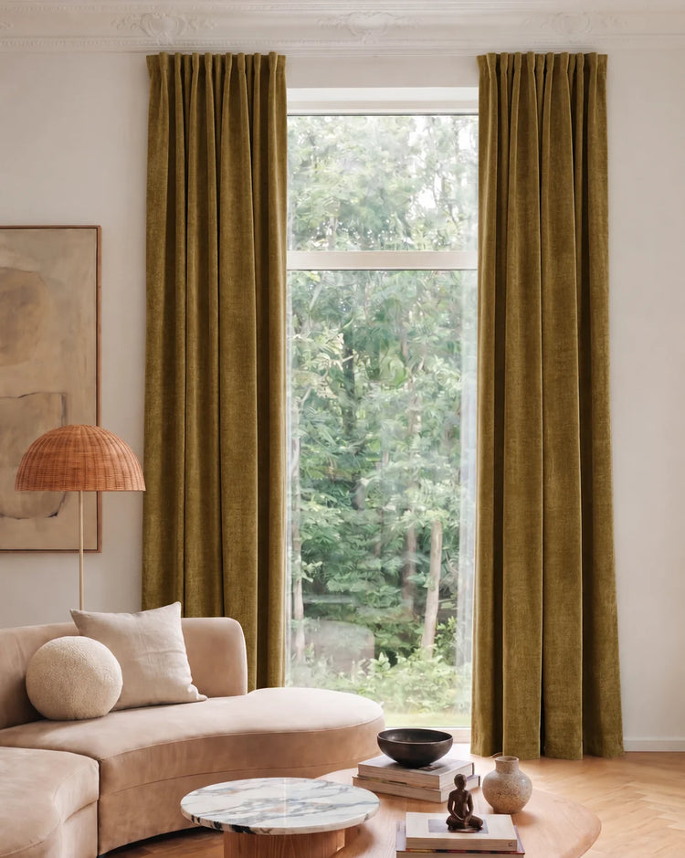 Jazlynn 4 Layers Linen Patterned Velvet Heavyweight Soundproof Custom Curtain in Coffee, open curtains.