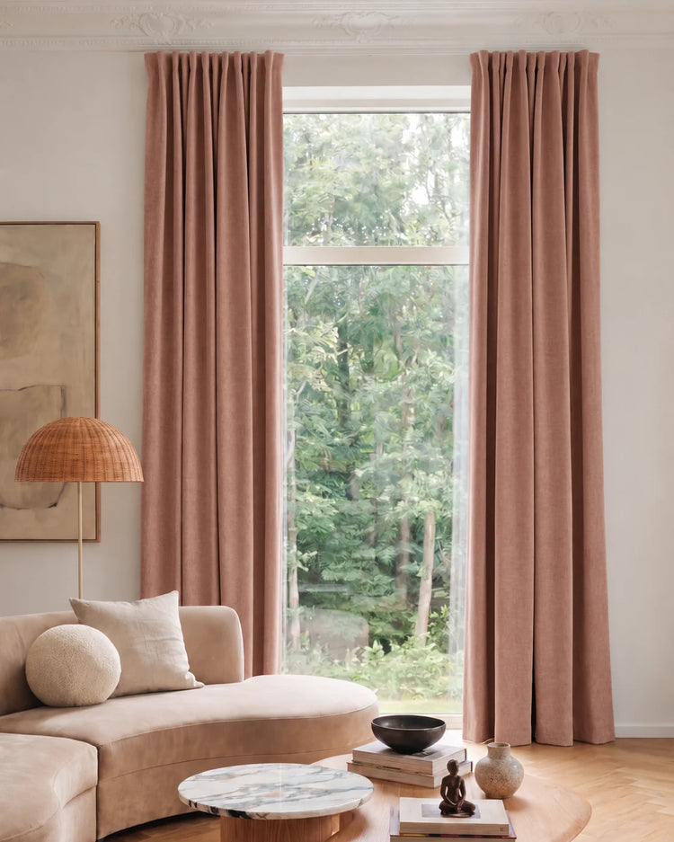 Jazlynn 4 Layers Linen Patterned Velvet Heavyweight Soundproof Custom Curtain in Dusty Rose, open curtains.