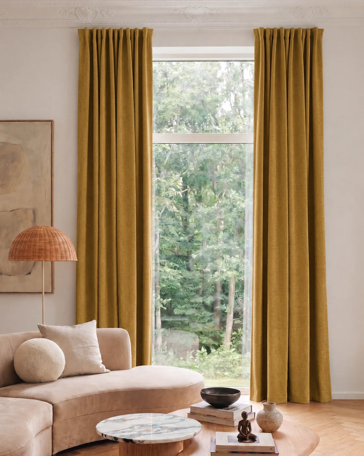 Jazlynn 4 Layers Linen Patterned Velvet Heavyweight Soundproof Custom Curtain in Ginger, open curtains.
