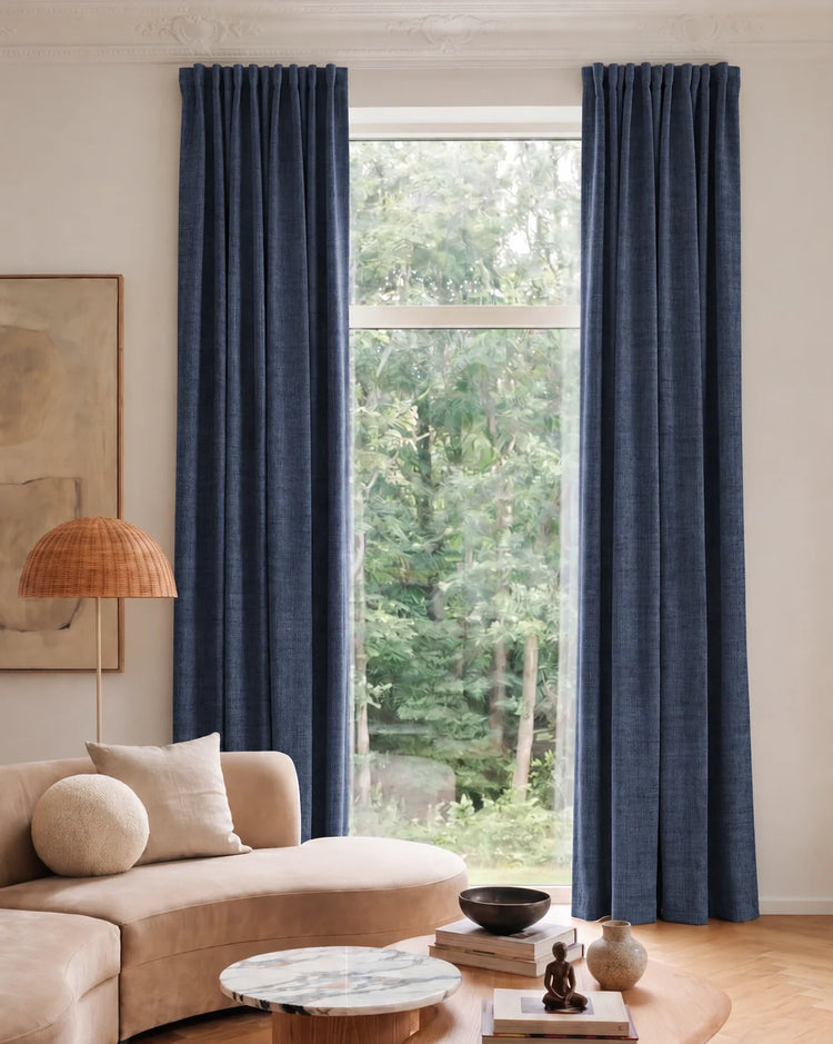 Jazlynn 4 Layers Linen Patterned Velvet Heavyweight Soundproof Custom Curtain in Ink Blue, open curtains.