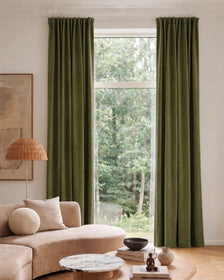 Jazlynn 4 Layers Linen Patterned Velvet Heavyweight Soundproof Custom Curtain in Olive Green, open curtains.