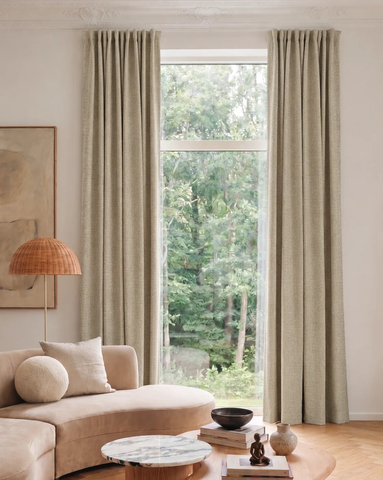 Jazlynn 4 Layers Linen Patterned Velvet Heavyweight Soundproof Custom Curtain in Silver Gray, open curtains.