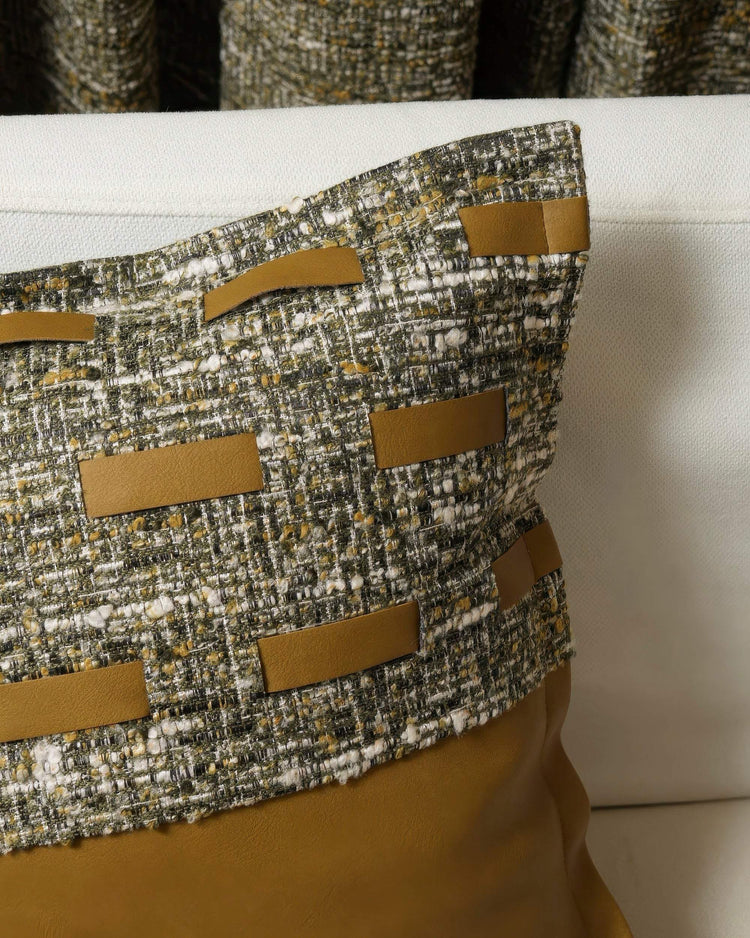Juliette textured throw pillowcase: green, white & gold tweed with interwoven caramel faux leather strips & a solid faux leather base.