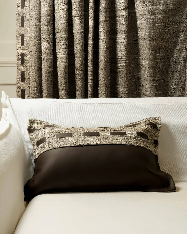 Juliette custom lumbar pillowcase, dark faux leather & textured woven fabric with accents, on white sofa, matching sophisticated drapery.