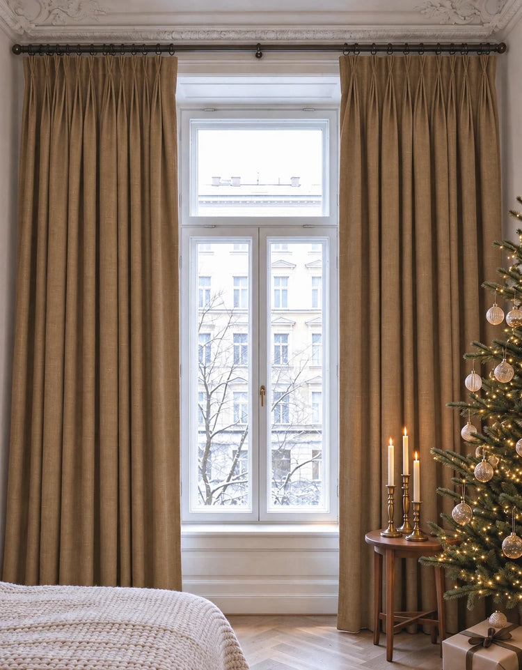 Kensington 100% Blackout OEKO Linen Look Smooth Lightweight Custom Curtain in Brown, open curtains.