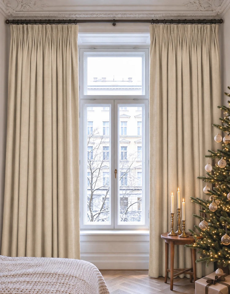 Kensington 100% Blackout OEKO Linen Look Smooth Lightweight Custom Curtain in Cream, open curtains.