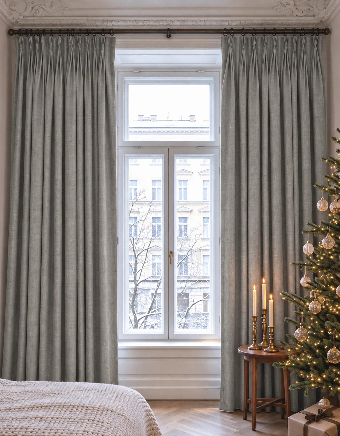 Kensington 100% Blackout OEKO Linen Look Smooth Lightweight Custom Curtain in Grey, open curtains.