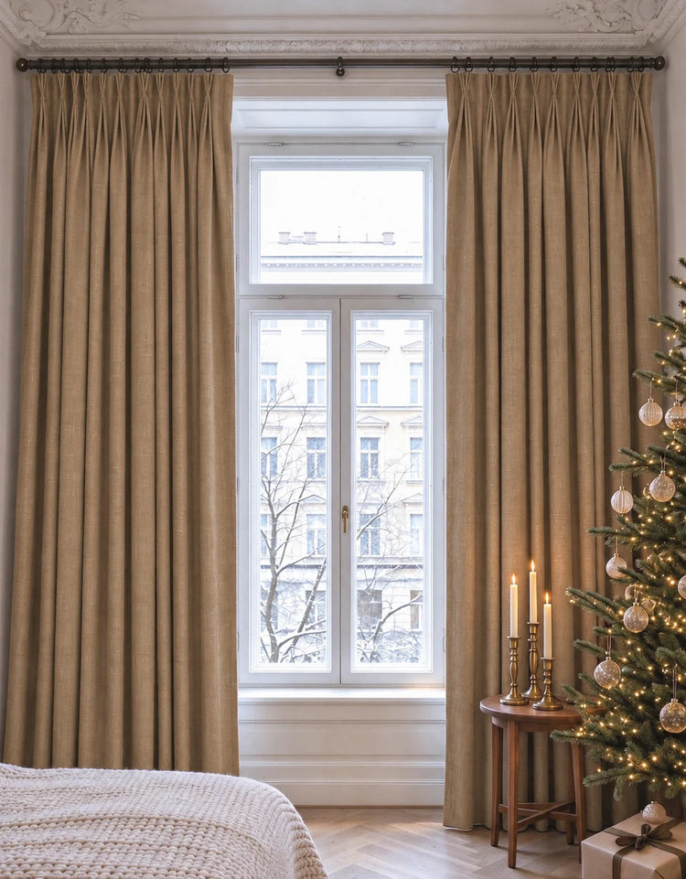 Kensington 100% Blackout OEKO Linen Look Smooth Lightweight Custom Curtain in Sand, open curtains.