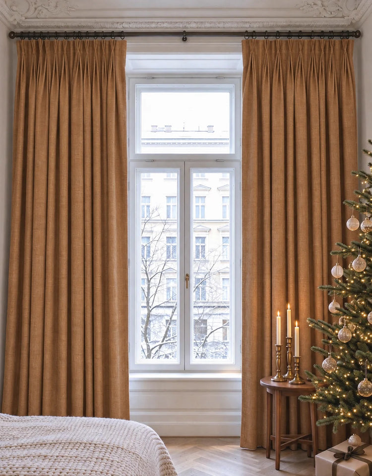 Kensington 100% Blackout OEKO Linen Look Smooth Lightweight Custom Curtain in Terracotta, open curtains.