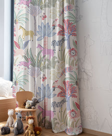Custom kid's jungle drapery with colorful tropical pattern, featuring horses, wise lions, zebras, and exotic birds.