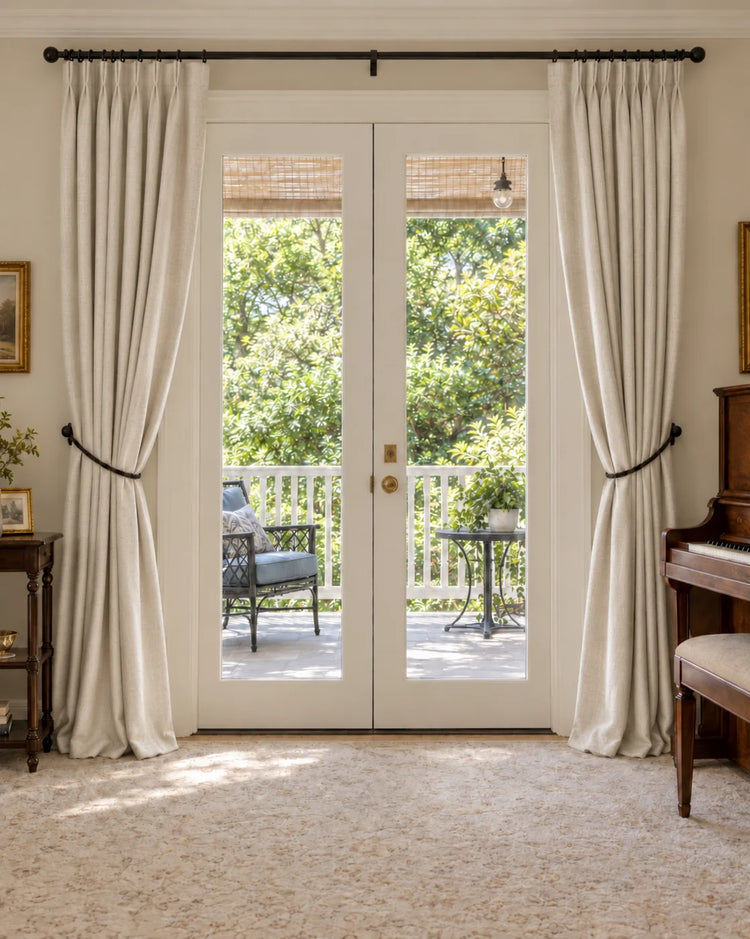 Laborien Linen Look Textured Custom Curtain in Beige, open curtains.