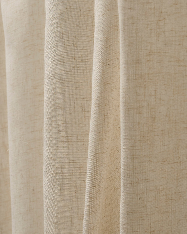 Beige Latvian Linen Blend custom curtain fabric showing woven texture and soft folds, perfect for elegant window treatments.