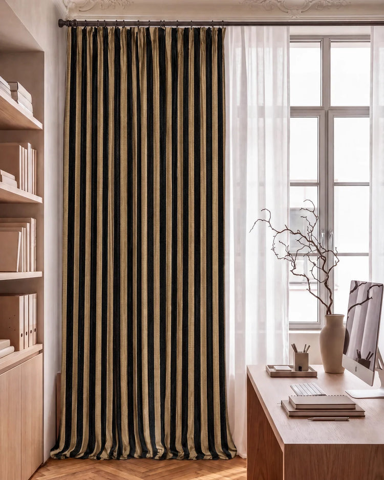 Liam Striped Linen Blend Custom Curtain in Brown, open curtains.