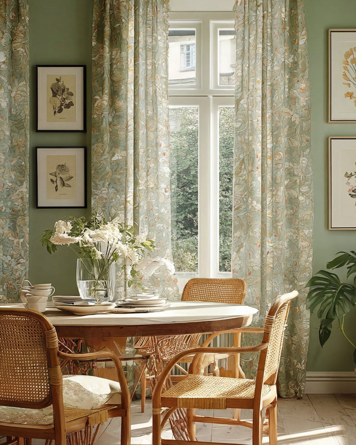 Awake floral patterned sheer custom curtains in a sage green dining room with rattan chairs and botanical wall art.