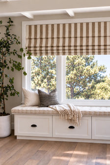 Milano Flat Fold Linen Blend Striped Cordless Custom Roman Shade in Brown, Roman shade shown open.