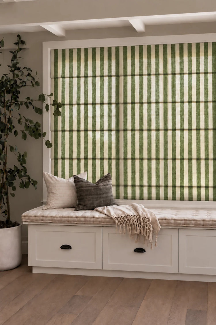 Milano Flat Fold Linen Blend Striped Cordless Custom Roman Shade in Green, Roman shade shown closed.
