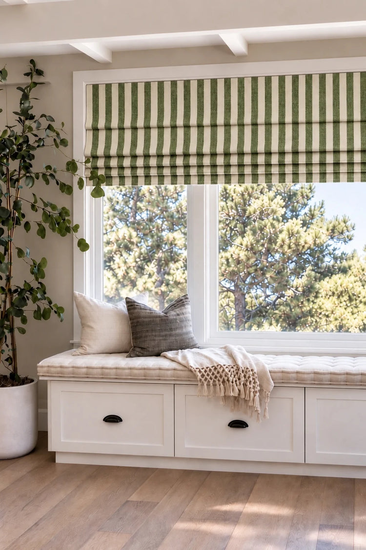 Milano Flat Fold Linen Blend Striped Cordless Custom Roman Shade in Green, Roman shade shown open.