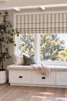 Milano Flat Fold Linen Blend Striped Cordless Custom Roman Shade in Sand, Roman shade shown open.