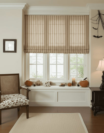 Milano Flat Fold Linen Blend Striped Custom Roman Shade expertly installed on a large window, offering elegant privacy & light control.