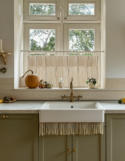 Textured Milo Linen Blend Striped Custom Cafe Curtain over a kitchen sink, providing privacy with elegant light stripes.