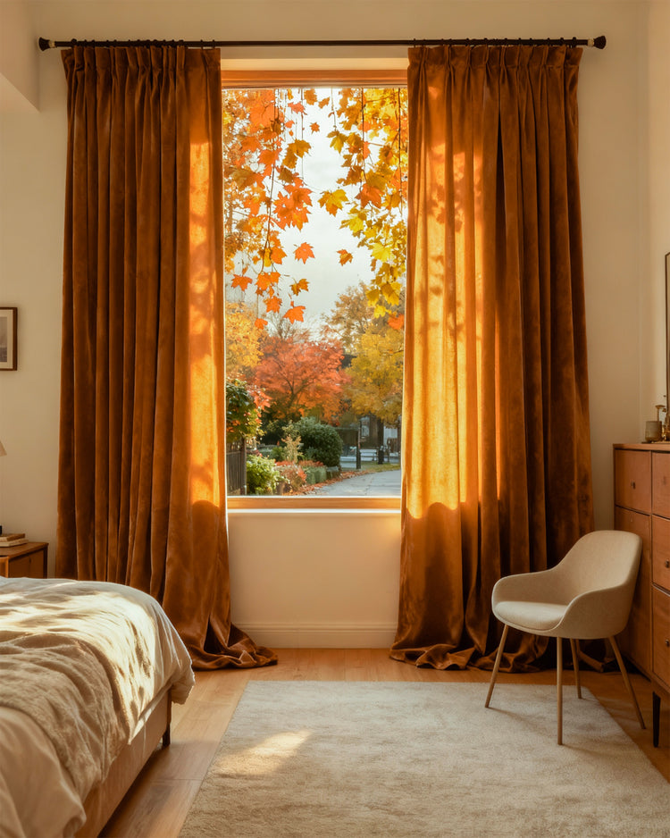 Elegant bedroom with custom heavyweight velvet blackout curtains in golden rust, framing a window with vibrant autumn trees & sunlight.