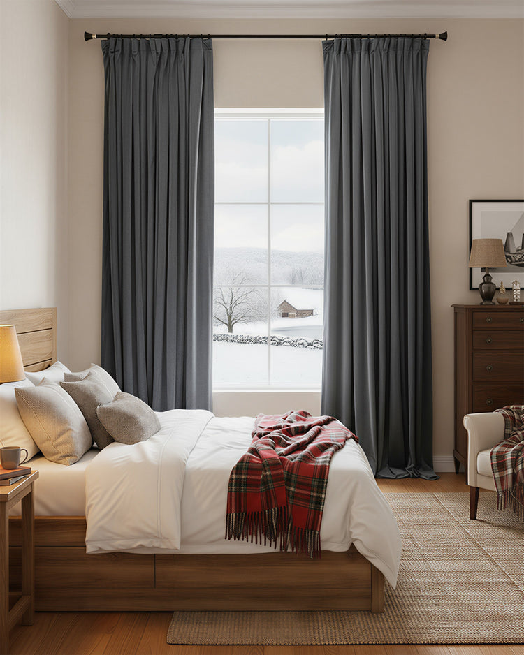 Dark gray Moonlit 4 Layers Heavyweight 100% Blackout Velvet Custom Curtains fully closed in a bedroom, ensuring thermal & soundproof privacy.