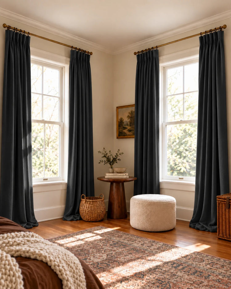 Moonlit 4 Layers Heavyweight Soundproof Thermal 100% Blackout Velvet Custom Curtain in Black, open curtains.