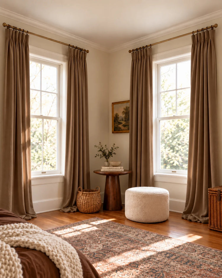 Moonlit 4 Layers Heavyweight Soundproof Thermal 100% Blackout Velvet Custom Curtain in Brown, open curtains.