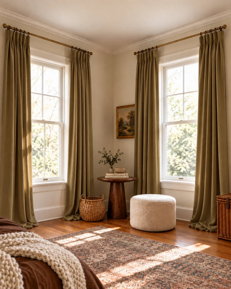 Moonlit 4 Layers Heavyweight Soundproof Thermal 100% Blackout Velvet Custom Curtain in Camel, open curtains.
