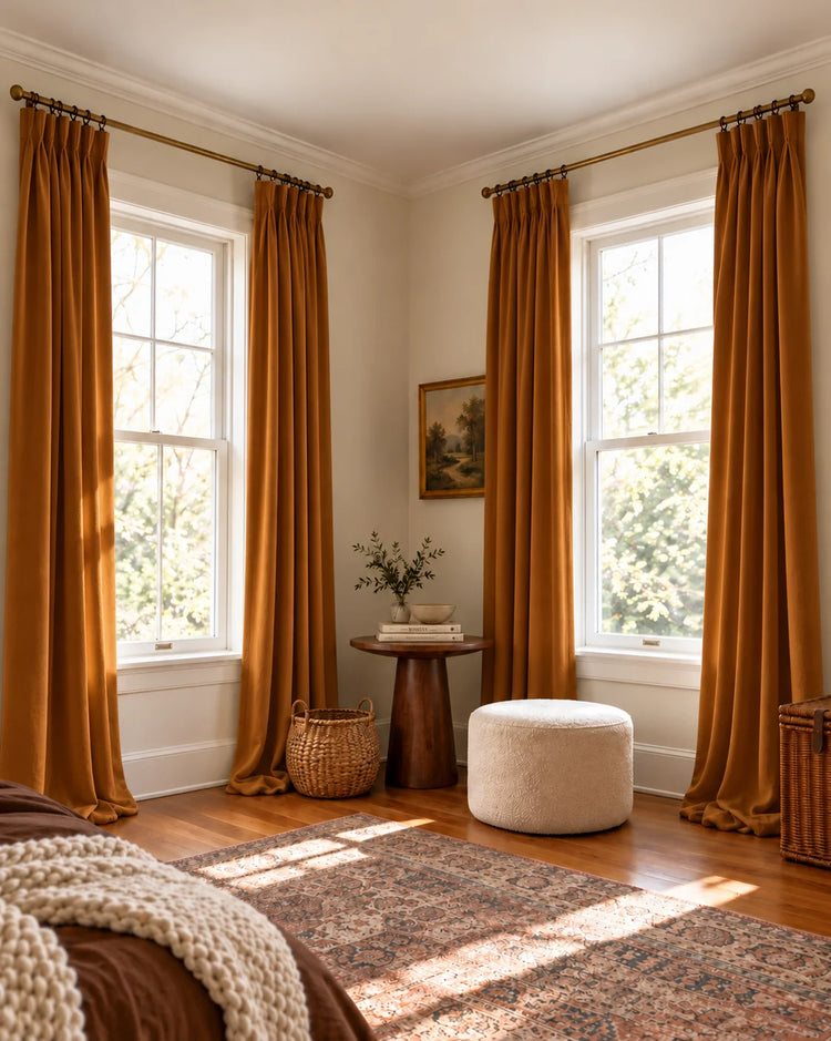 Moonlit 4 Layers Heavyweight Soundproof Thermal 100% Blackout Velvet Custom Curtain in Carrot, open curtains.