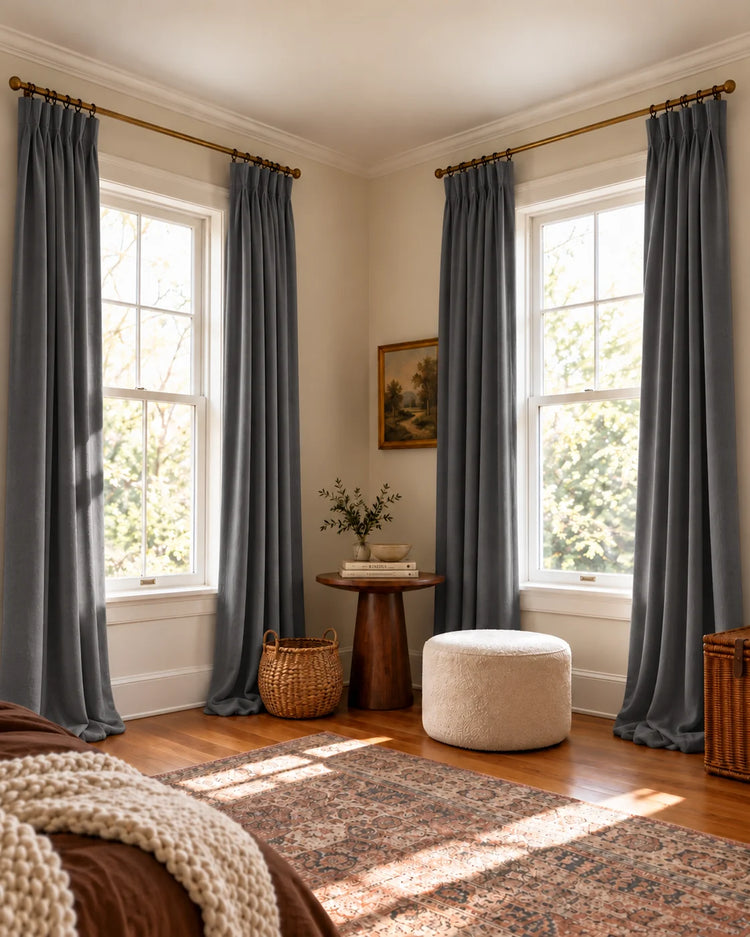 Moonlit 4 Layers Heavyweight Soundproof Thermal 100% Blackout Velvet Custom Curtain in Grey, open curtains.
