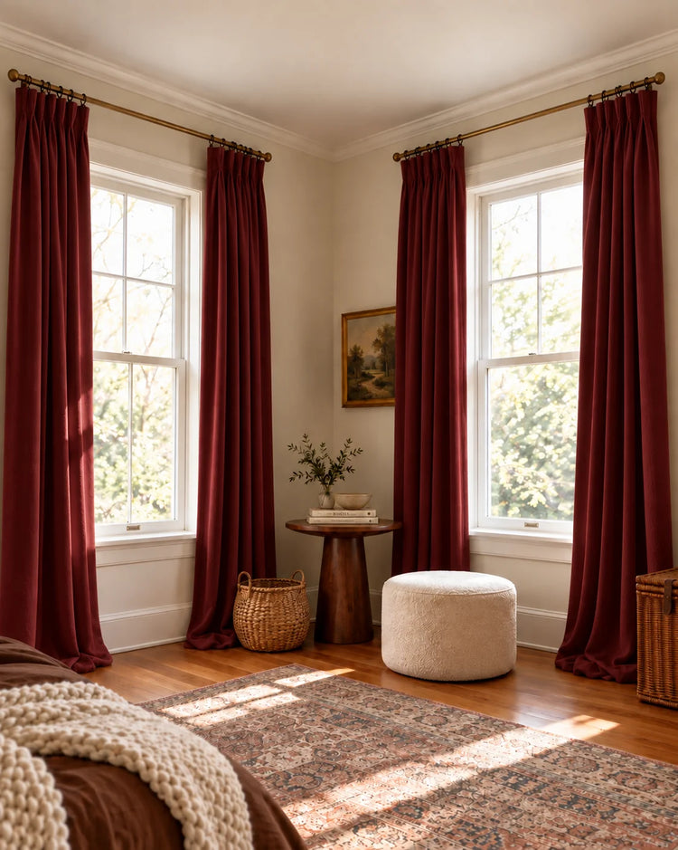 Moonlit 4 Layers Heavyweight Soundproof Thermal 100% Blackout Velvet Custom Curtain in Red, open curtains.