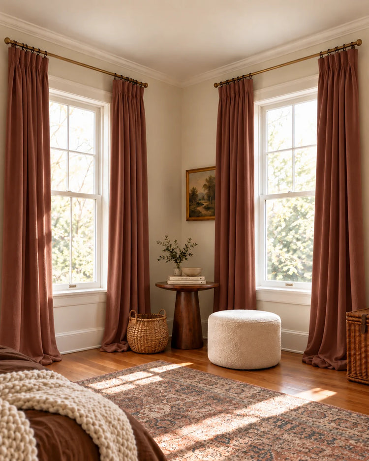 Moonlit 4 Layers Heavyweight Soundproof Thermal 100% Blackout Velvet Custom Curtain in Salmon, open curtains.