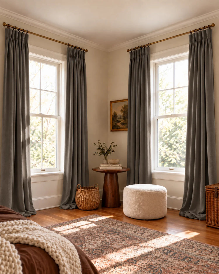 Moonlit 4 Layers Heavyweight Soundproof Thermal 100% Blackout Velvet Custom Curtain in Silver Grey, open curtains.